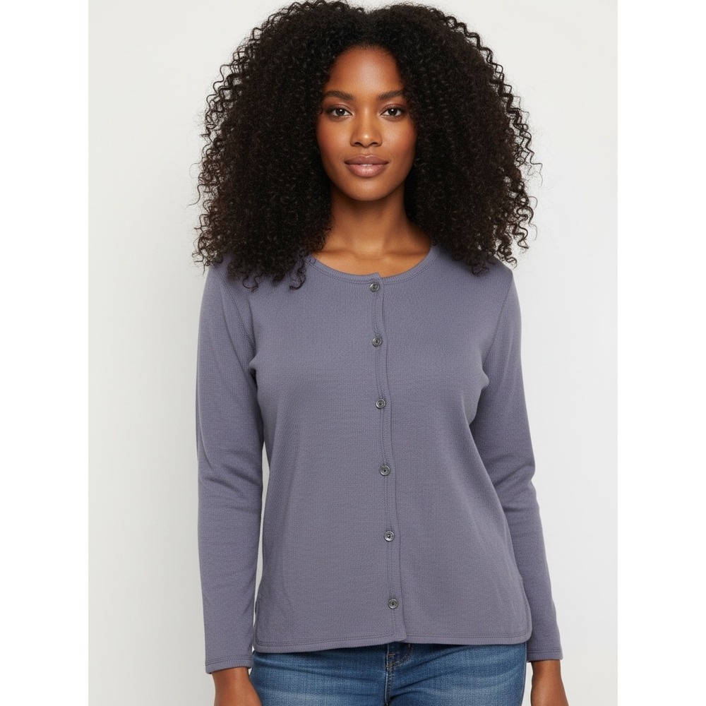 J. Jill Pure Cashmere Cardigan Sweater Blue Purple Button Front Crew Neck Small